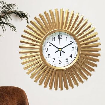 Kitchen Wall Clock, Gold Sunburst Wall Clocks Battery Operated, 10 Inch Modern Decorative Wall Clock for Living Room, Bedroom, Kitchen,Bathroom, Office