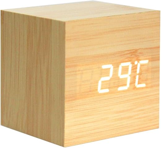 Lancoon Wooden Alarm Clock - Mini Cube LED Digital Clock with Time/Date/Temperature Display, 3 Levels Brightness and Voice Control Great for Home Office Travel - AC10Yellow_White