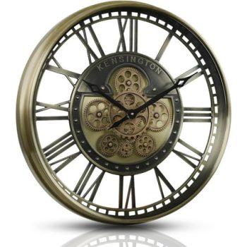 Large Moving Gears Wall Clock for Modern Farmhouse Living Room Decor, Gold Roman Numerals Metal Wall Clock,Silent Wall Clocks Battery Operated,Reloj De Pared Para Sala (21 Inch)