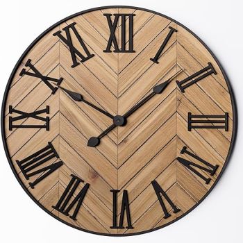 Large Wall Clock 24 Round - Silent Metal & Wood Large Clock - Farmhouse Wall Clock Large - 24 Inch Wall Clock For Living Room Decor - Big Wall Clock Roman Numerals - Wall Clocks For Living Room Decor