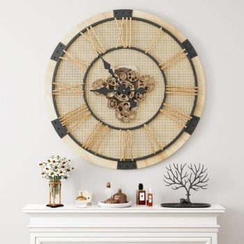 Large Wall Clock, 27 Nature Rattan Battery Operated with Real Moving Gears