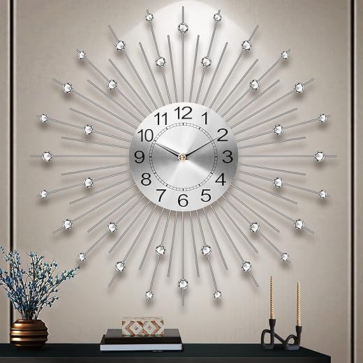 Large Wall Clock for Living Room, Modern Silent Wall Clocks Battery Operated, 24 Inch Decorative Non-Ticking Clocks for Bedroom,Kitchen,Dining Room,Office, Silver Crystal Metal Wall Decor for House