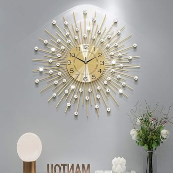 Large Wall Clocks for Living Room Decor Big Silent Wall Clock Battery Operated Non-Ticking for Bedroom Kitchen Home Decorative 24 Inch Gold Round Crystal Metal Wall Watch for Office Indoor