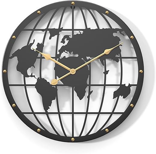 Large World Map Living Room Decor Wall Clock, Silent Non-Ticking Battery Operated Wall Clocks for Farmhouse,Kitchen,Dining Room,Office (16 inch)