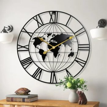 Large World Map Wall Clock,Metal Minimalist Modern Clock,Round Silent Non-Ticking Battery Operated Wall Clocks for Living Room/Entryway/Kitchen/Bedroom/Office/School Decor (24 Inch)