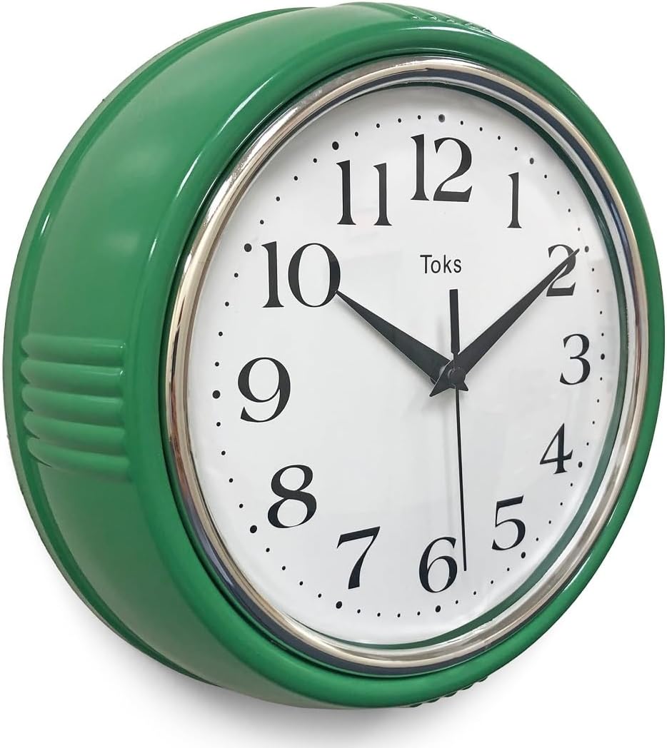 Lily's Home Retro Wall Clock, 9.5 Inch Vintage Design, Silent Non-Ticking Quartz Movement, Battery Operated, Perfect for Kitchen, Living Room, Office, and Indoor Use (Vintage Green)