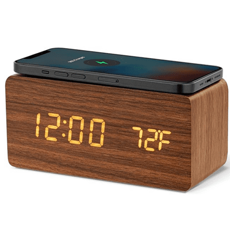 Linsar LED Cherry Wood Wireless Alarm Clock - with Qi Charger