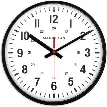 MARATHON 10” Analog Clock, Black - Silent, Continuous-Sweep Second Hand - Easy-to-Read Dial - 12 & 24-Hour Markers - Integrated Keyholes for Easy Wall Mounting