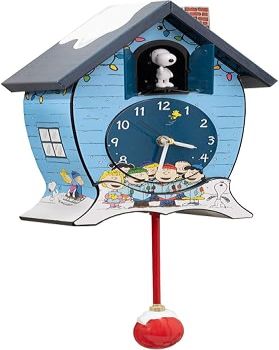 Mark Feldstein & Associates Peanuts Gang Snoopy Linus Lucy ICY Blue 17 x 9 Christmas Cuckoo Clock