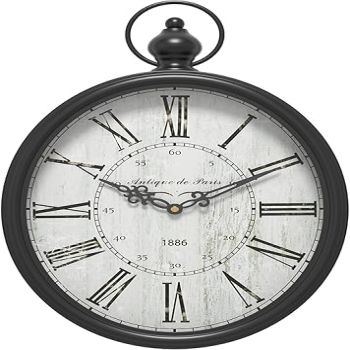 Menterry Oval Retro Wall Clock, Rustic Vintage Style, Black Antique Design, Battery Operated Silent Decor Large Wall Clocks for Kitchen,Farmhouse,Office (15.5 H x 10.5 W)