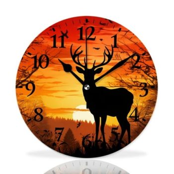 MEOSLZUT 10 inch Round Wall Clock,Deer Animal in Sunset forest Woodland on Wooden Lovely,Silent Non Ticking Wall Clocks for Living Room Kitchen Bedroom