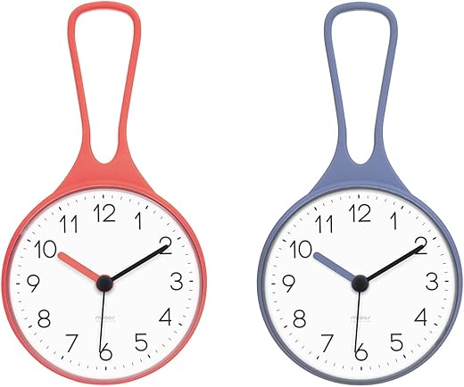 mooas Loop Bathroom Clock Bundle (Orange & Blue), Shower Clock, Waterproof Shower Clock, Hanging Clock with Hook, Waterproof Shower Clock, Kitchen Clock, Non-Ticking Battery Operated