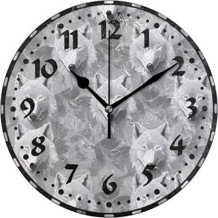 Myst Design Wolf Pattern Gray Wall Clock, Silent Non Ticking 10 Inch Battery Operated Wall Clocks, Easy to Read Clock for Home Kitchen Living Room Bathroom Office Decor