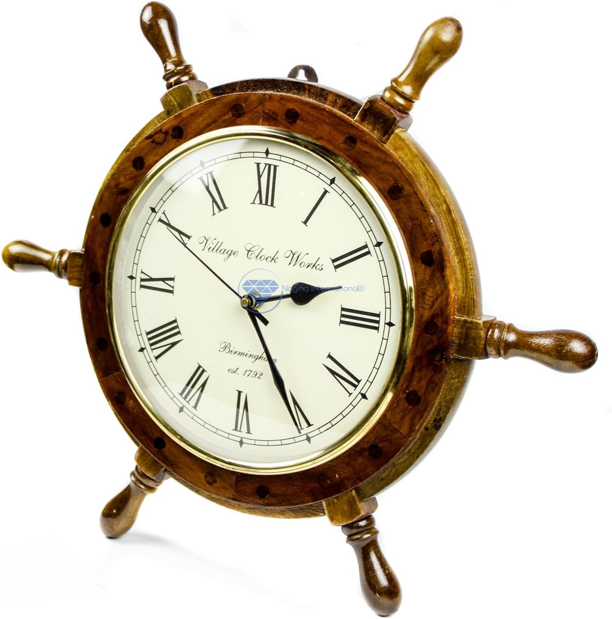 Nagina International 16 Handcrafted Nautical Ship Wheel with 8 Roman Numeral Dial Face Time's Clock | Maritime Wall Decor Clock