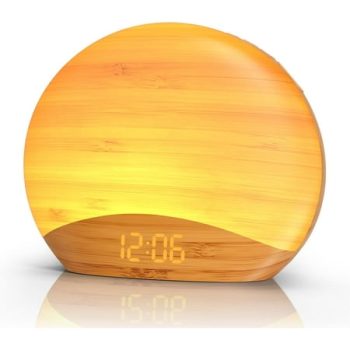 Natural Wood Grain Sound Machine Sunrise Alarm Clock，26 Nature Inspired Sleeping Sounds, 0-100% Dimmable Clock, Night Light,Brown/Pink/White Noise Sound Machine for Babys, Kids, Adults