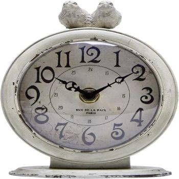 NIKKY HOME Shabby Chic Pewter Round Quartz Table Clock with 2 Birds - Distressed White