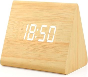 OCT17 Wooden Wood Clock, New Version LED Alarm Digital Desk Clock Adjustable Brightness, Alarm Time, Displays Time Date Temperature - Bamboo