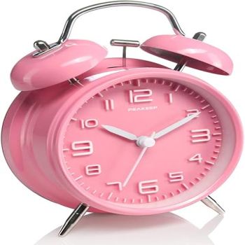 Peakeep 4 Inches Twin Bell Loud Alarm Clock for Heavy Sleepers Kids, Battery Operated Old Fashioned Alarm Clock (Pink)