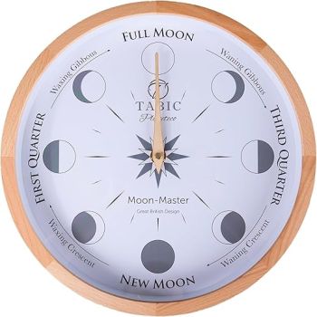 Planeteco Moon Master - Precision Lunar Phase Wall Clock - Accurate Moon Tracking & Easy-to-Read Dial for Lunar Cycle - Stylish Round Moon Phase Clock - Celestial Home Decor - Natural Stain