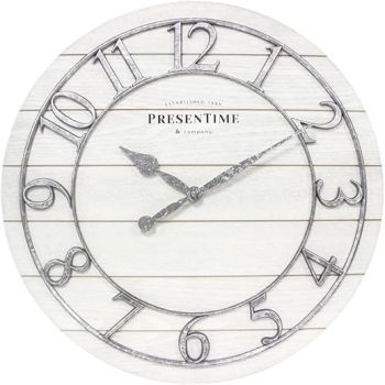 Presentime & Co Classic Farmhouse Shiplap Clock, 19.5 inch, Galvanized Finish Arabic Numerals with White Shiplap Style. Large Farmhouse Decor for Living Room, Entryway, Home Office. Wall Décor