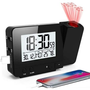 Projection alarm clock, travel alarm clock with projection USB connection Indoor temperature and humidity Table clock Snooze function