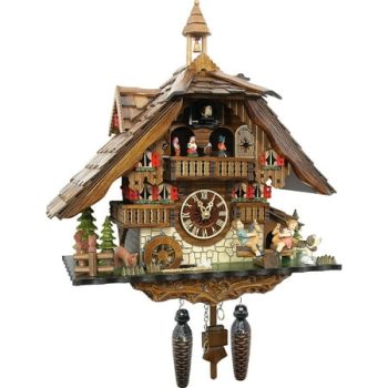 Quartz Cuckoo Clock Black Forest house with moving wood chopper and mill wheel, with music