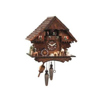 Quartz Cuckoo Clock Black Forest house with moving wood chopper and mill wheel, with music