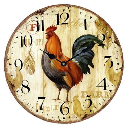 QUSENLON Retro Wooden Wall Clock Owl Rooster Vintage Rustic Non-Ticking Silent Quiet Home Office Kitchen Nursery Living Room Bedroom Decor