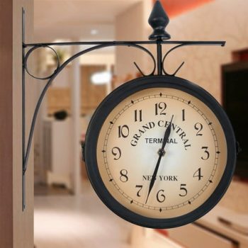 Retro Double Sided Hanging Wall Mount Station Clock Home Garden Hallway Decor