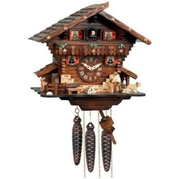 River City Clocks One Day Musical Cuckoo Clock Cottage with Man Chopping Wood and Waterwheel