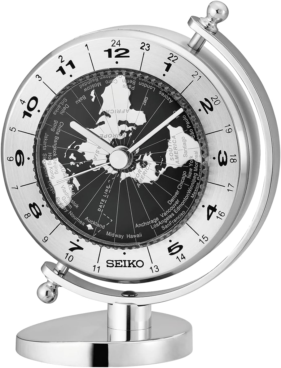 Seiko 5 Inch Silver Globe Desk and Table Clock