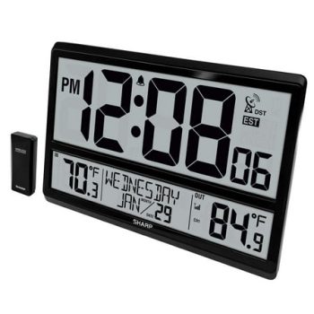 Sharp Atomic Clock - Atomic Accuracy - Never Needs Setting! - Jumbo 3 Easy to Read Numbers - Indoor/ Outdoor Temperature Display with Wireless Outdoor Sensor - Battery Powered - Easy