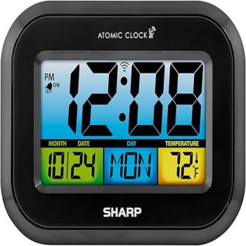 Sharp Atomic Digital Alarm Clock, Battery Operated Self-Setting Digital Wall or Desk Clock, Easy to Read Color Display Nightlight with Indoor Temperature and Calendar