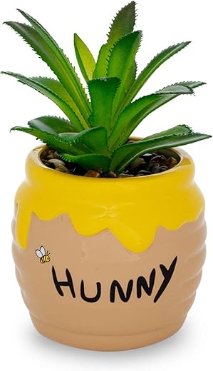 Silver Buffalo Disney Winnie The Pooh Hunny Pot 3-Inch Ceramic Mini Planter with Artificial Succulent | Small Flower Pot, Faux Indoor Plants for Desk Shelf, Home Decor Trinket Tray and Collectibles