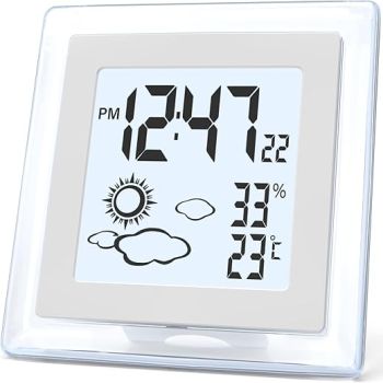 Small Clock Digital Battery Operated Alarm Clock with Auto Backlight, Indoor Temperature Humidity, 12/24H, Date, Travel Alarm Clock Desk Clock Small Clock for Shelf (Battery Included)