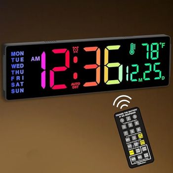 Soobest 14.2 Large Display RGB Digital Wall Clock Color Changing with Remote Control, Alarm Clock with Auto DST Indoor Temperature Date Day of Week LED Screen Gift for Living Room, Bedroom Elderly