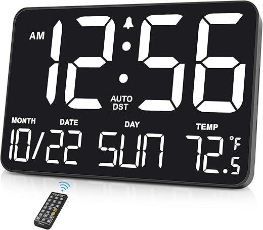 Soobest Large Display Digital Wall Calendar Clock with Date Day of Week, Alarm Clock for Bedroom Desk, Timer for Home Gym Workout 6 Dimmer Auto DST 12/24hr with Remote and Temperature(White)