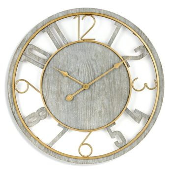 Sorbus Large Wall Clock - Modern Gray Wood with Gold Metal Accents - Industrial Room Décor