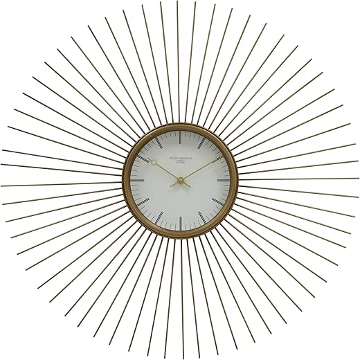 Studio Designs Home Mod 30 Inch Retro Starburst Metal Wall Clock Large with Hour and Minute Markers Quartz Movement, Golden Brass (73019)