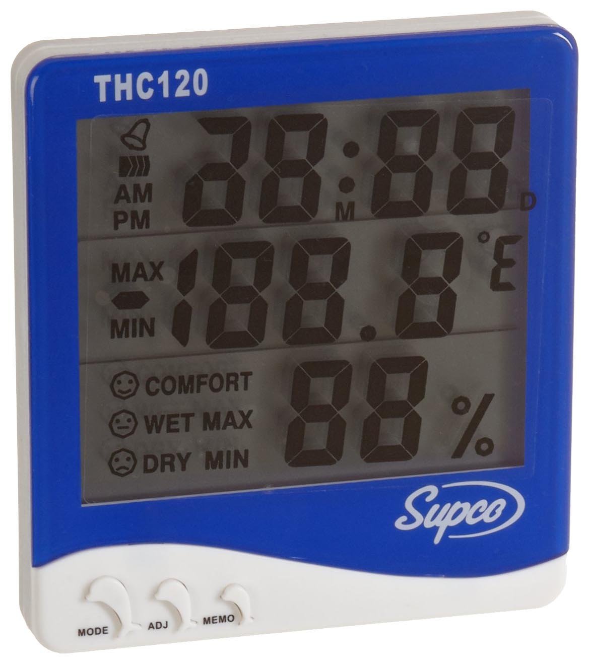 Supco THC120 Triple Display Indoor Digital Thermo-Hygrometer with Clock, 32 to 120 Degrees F