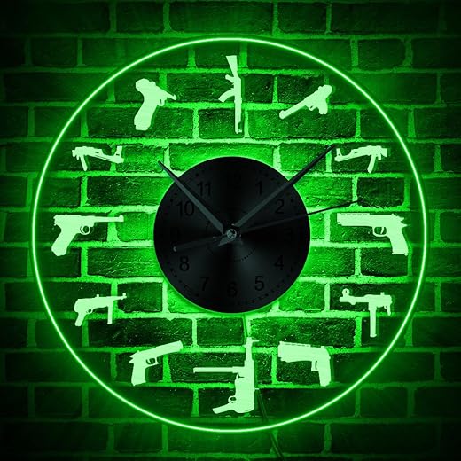 The Geeky Days Creative Modern Design Guns Breeds LED Lighting Multi Color Wall Clock Gun Family Decor Wall Art Handmade Gift for Soldier and Military Fan