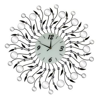 Three Star Mirror & Metal Silent Starburst Round Wall Clock, Black Leaves & Clear Gem Accents Large Decorative Wall Art