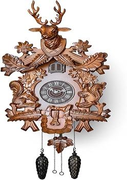 TIMEGEAR Cuckoo Clock with Automatic Night Mode, Hand Carved Deer Head and Wooden Decorations (Brown)