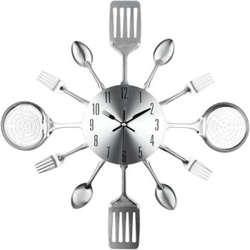 Timelike 16 Inch Large Kitchen Wall Clocks with Spoons and Forks Creative Modern Home Decor Antique Style Wall Watch (Silver)