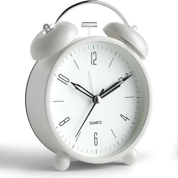 Twin Bell Loud Alarm Analog Alarm Clock, 4 inch Super Silent Non Ticking Small Clock with Night Light, Battery Operated, Simple Design, Old Fashioned, for Heavy Sleeper, Bedroom, Bedside, Desk, White