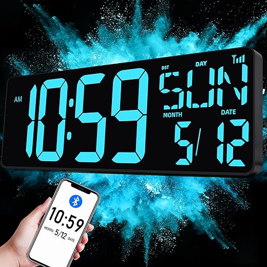 TXL 17.2 Large Digital Wall Clock Bluetooth Sync Time, LED Wall Clock with Date and Temperature, Count Up/Down Timer Clock with Remote Control, Adjustable Brightness Alarm Clock