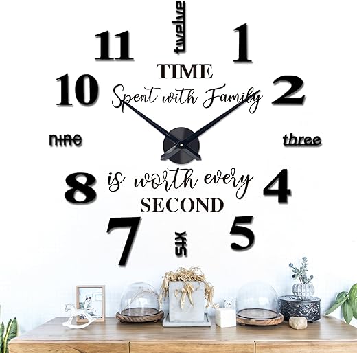 VREAONE Frameless DIY Wall Clock,Large Modern 3D Mirror Sticker kit for Home Living Room Bedroom Office Wall Decorations(Black)