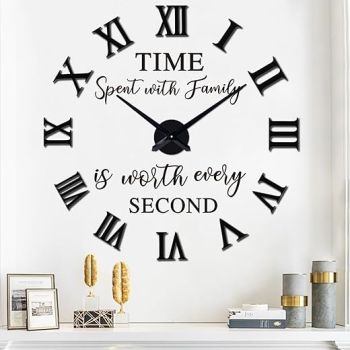 VREAONE Large 3D DIY Wall Clock, Giant Roman Numerals Clock Frameless Mirror Big Wall Clock Home Decoration for Home Living Room Bedroom Wall Decorations(Black)