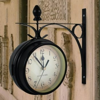 Wall Clock,Retro Double-Sided Station Clock Antique Double Sided Wall Mount Metal Frame Station Clock Garden Vintage Retro Home Decor