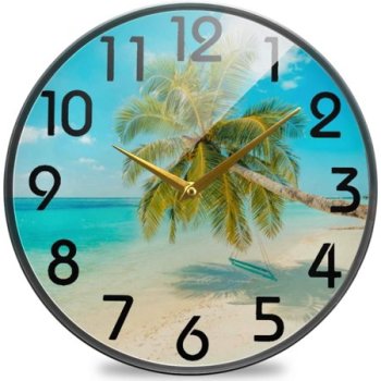 Wellsay 3D Tropical Summer Beach Palm Tree Print Round Wall Clock, 9.5 Inch Silent Battery Operated Quartz Analog Quiet Desk Clock for Home,Office,School,Library